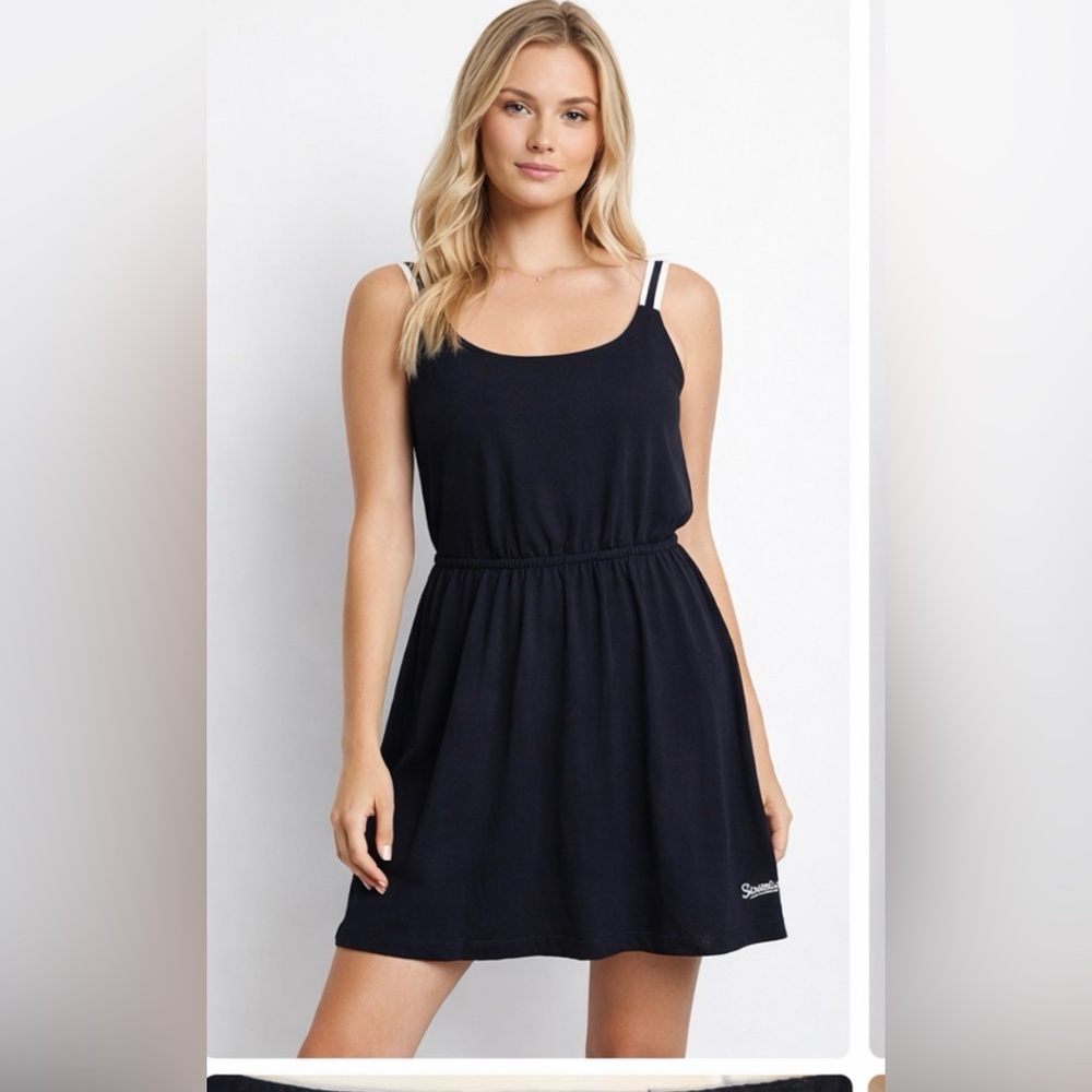 Superdry Black Cotton Dress Women’s Small Striped Strap Casual Skater Mini